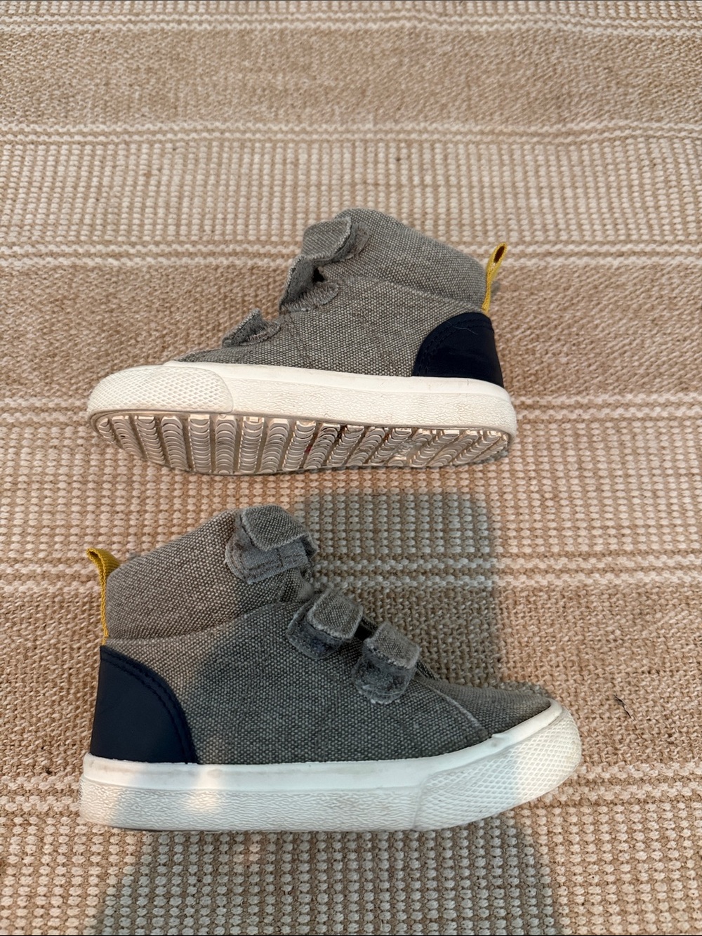 Cat & Jack Gray Canvas High-Top Sneakers with Navy Heel and Yellow Pull Tab